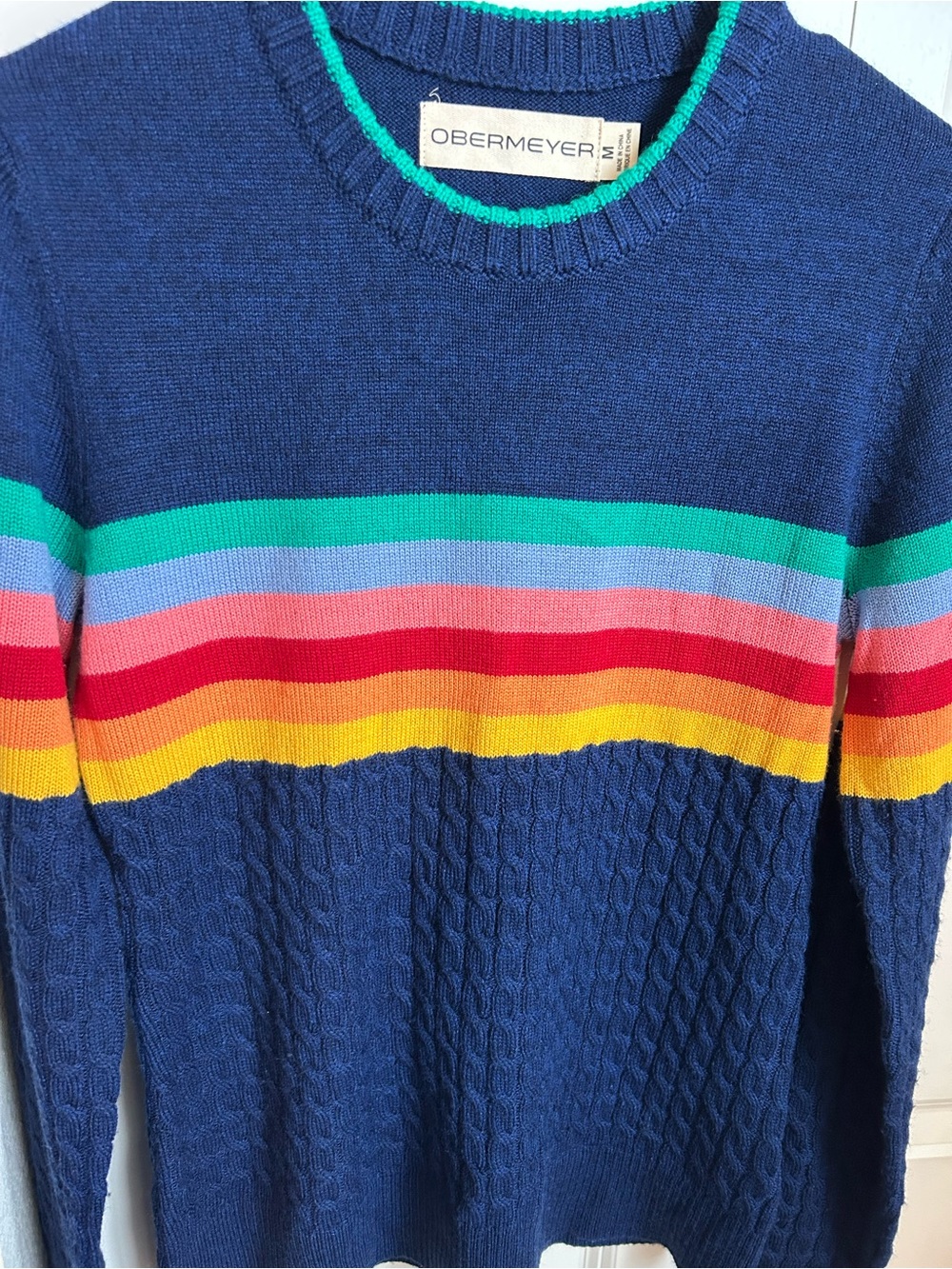 Obermeyer Vintage Rainbow Stripe Navy Cable Knit Ski Sweater - Picture 3 of 5
